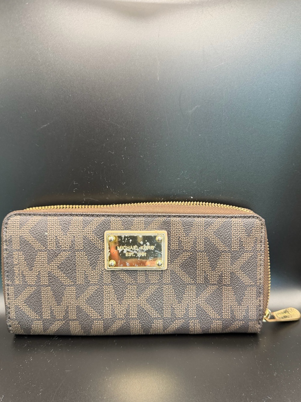Michael Kors Brown MK Logo Zip Wallet with Gold Plate